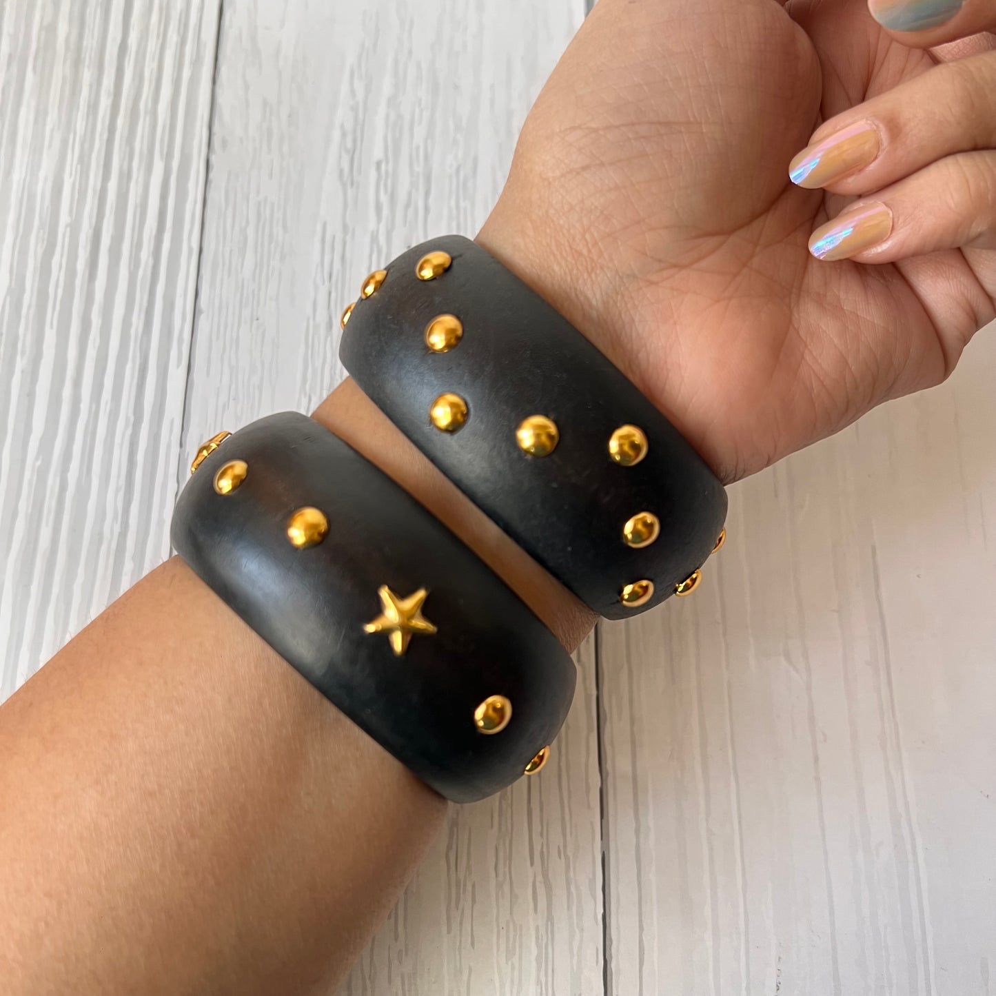 Black Stud Wooden Bangle