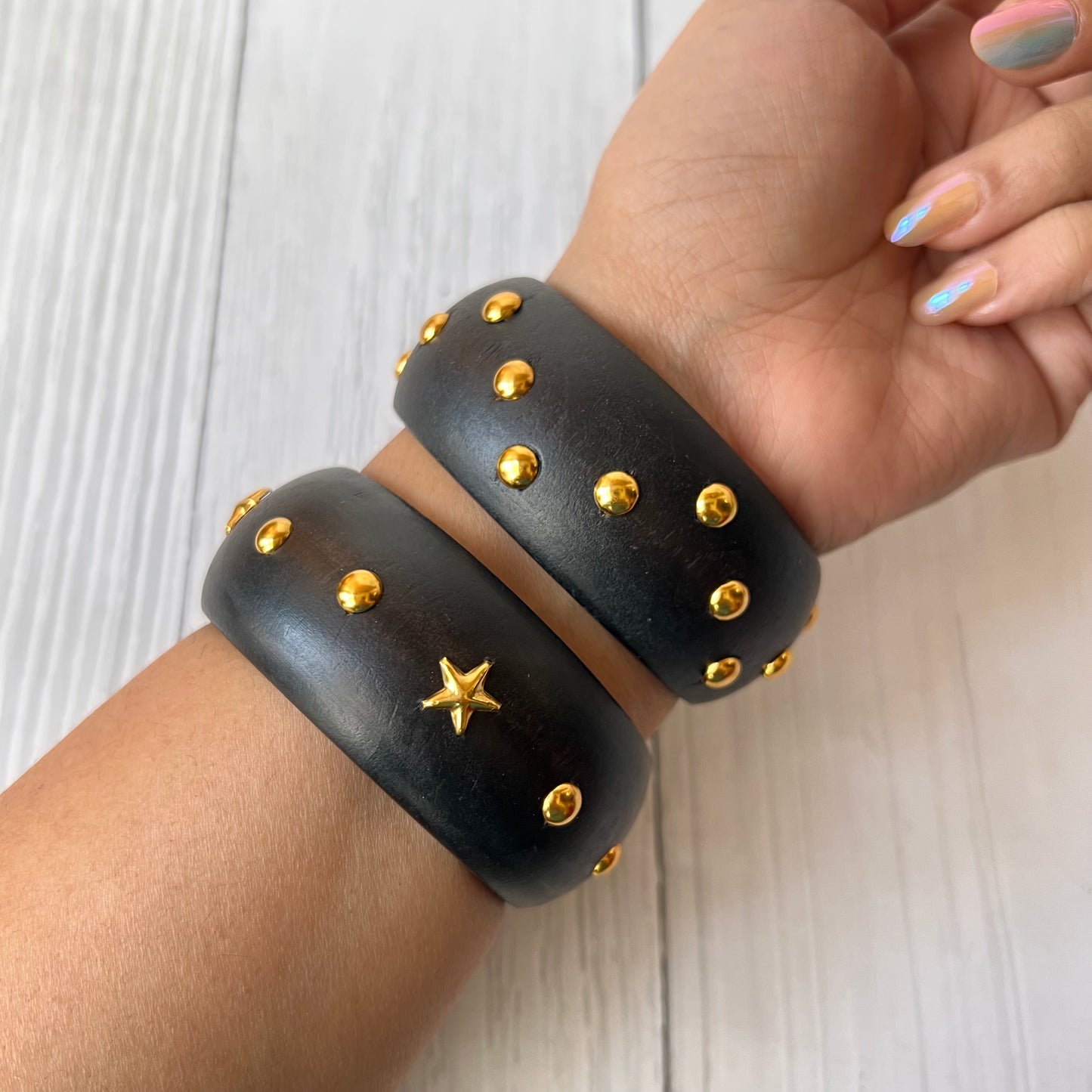Black Stud Wooden Bangle