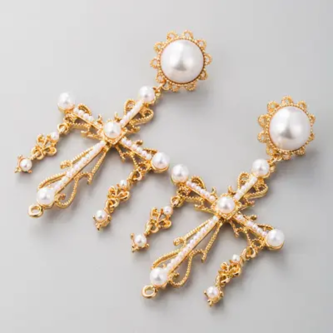Imperial Pearl Cross Earrings