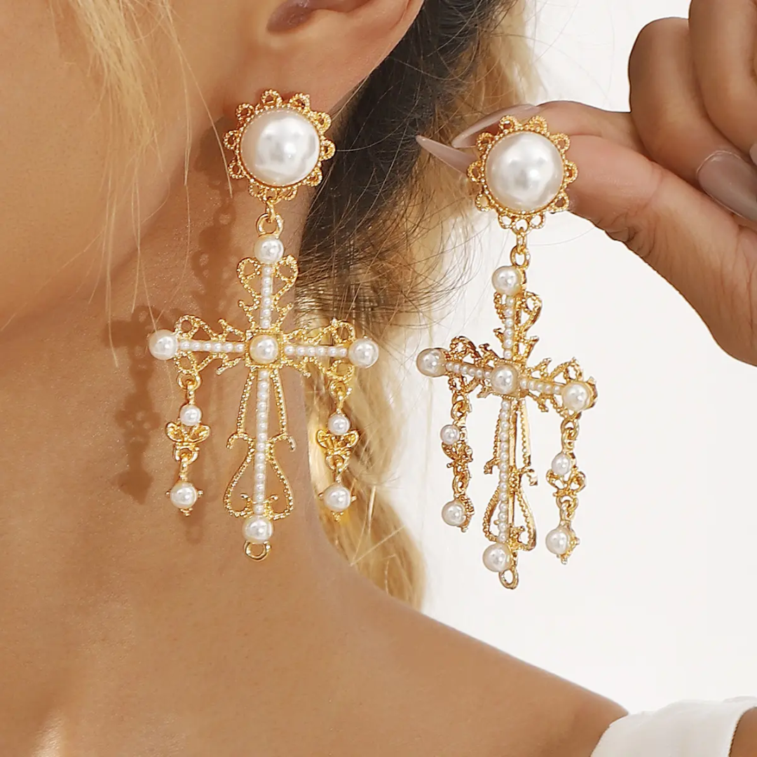 Imperial Pearl Cross Earrings